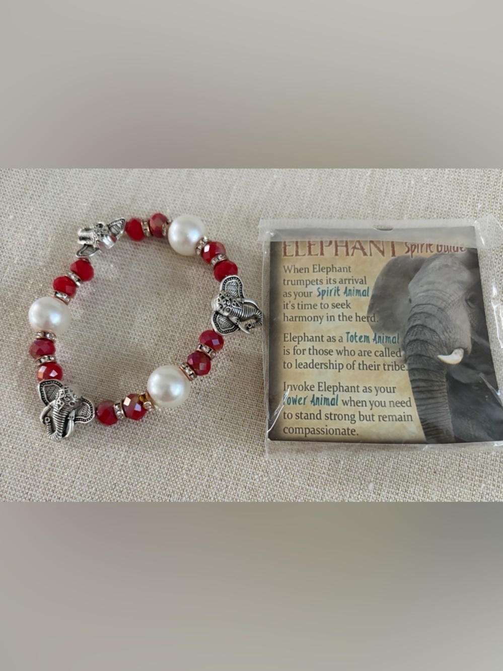 Silver Elephant Charm Bracelet with Red Beads and Pearls